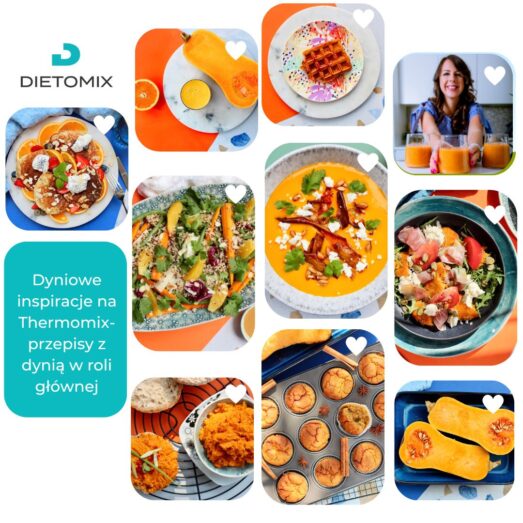 Zestaw inspirujących dań przygotowanych z użyciem Thermomixa, prezentujący różnorodność przepisów z dyni dostępnych na platformie Dietomix: od aksamitnych zup po słodkie wypieki, podkreślający wszechstronność i kreatywność w wykorzystaniu dyni w kuchni