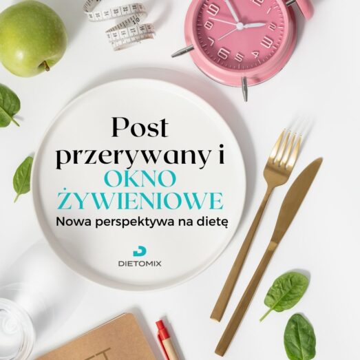 Grafika przedstawiająca tytuł 'Post Przerywany i Okno Żywieniowe: Nowa Perspektywa na Dietę' z logo Dietomix, symbolizująca nowoczesne podejście do planowania diety poprzez stosowanie postu przerywanego i okna żywieniowego