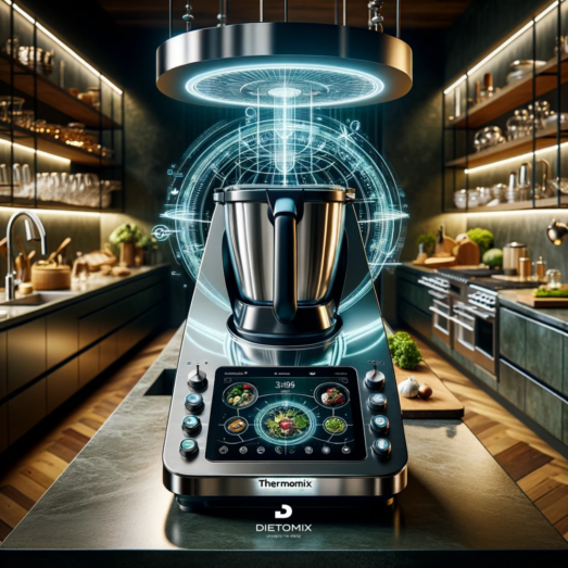 Thermomix 7 na kuchennym blacie z holograficznym wyświetlaczem technologicznym przedstawiającym funkcje urządzenia z AI, otoczony nowoczesnymi meblami kuchennymi w ambientalnym oświetleniu