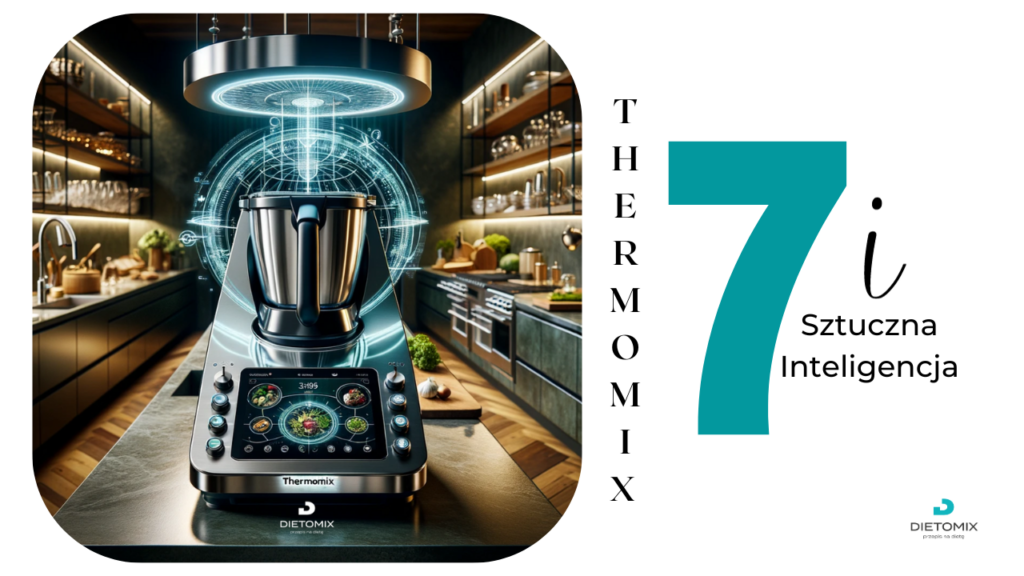 Promocyjny baner Thermomix 7 z grafiką przedstawiającą nowoczesną kuchnię i robot kuchenny otoczony hologramem technologii, z napisem 'THERMOMIX 7. Sztuczna Inteligencja', oraz logotypem Dietomix w prawym dolnym rogu
